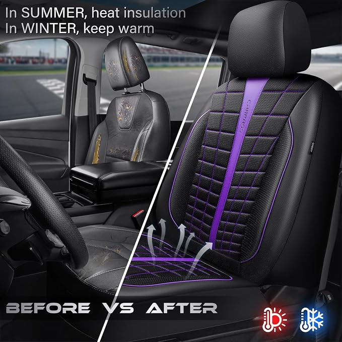 CAR PASS 3D Air Mesh Seat Covers for Car, Leather Car Seat Cover Front Seats, Breathable Foam Premium Leather Mesh Front Seat Covers Universal Fit for Cars Sedans Trucks Vans SUVs, Black Purple