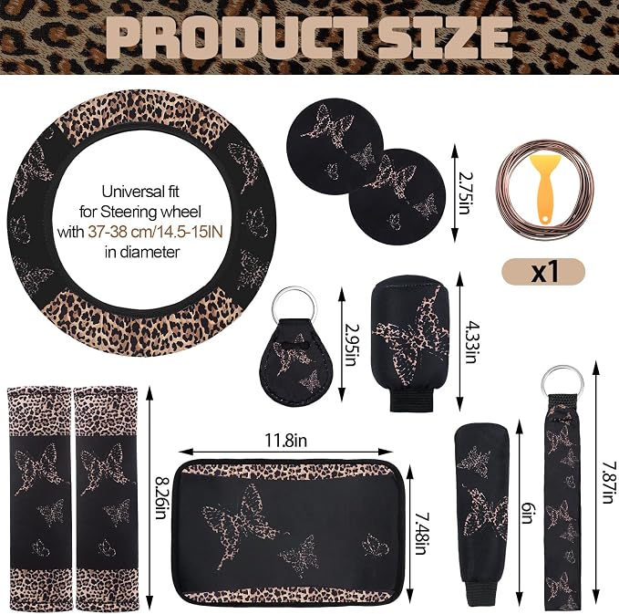 BBTO 47 Pcs Car Seat Full Set Car Accessories for Women 5 Front Rear Seat Covers Wrist Strap 2 Pieces Cup Mat Armrest Pad 2 Belt Cover Accessories for SUV(Leopard Print)