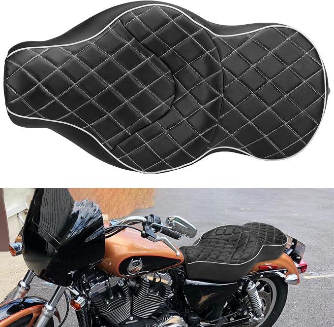 LKV Motorcycle 2-Up Driver Passenger Seats Front Driver Rear Cushion Pad Compatible with Harley Sportster Iron 883 1200 XL XR 2004-2023, Diamond