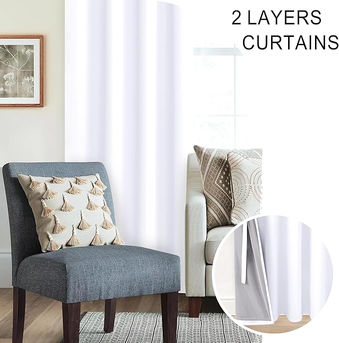 XWZO Total Blackout Curtains 84 Inches Long - Double Layer Full Room Darkening & Energy Efficiency Grommet Extra Wide Window Panels with Tiebacks, White, W60 x L84, Set of 2