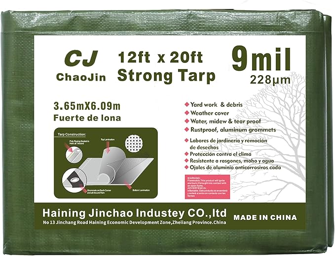 Heavy Duty Tarp Waterproof Outdoor Tarps Multi-Purpose Tear and Rip Proof UV Resistant Green Tarpaulin with Reinforced Grommets and Edges (9 Mil, 12'x20') Military Green