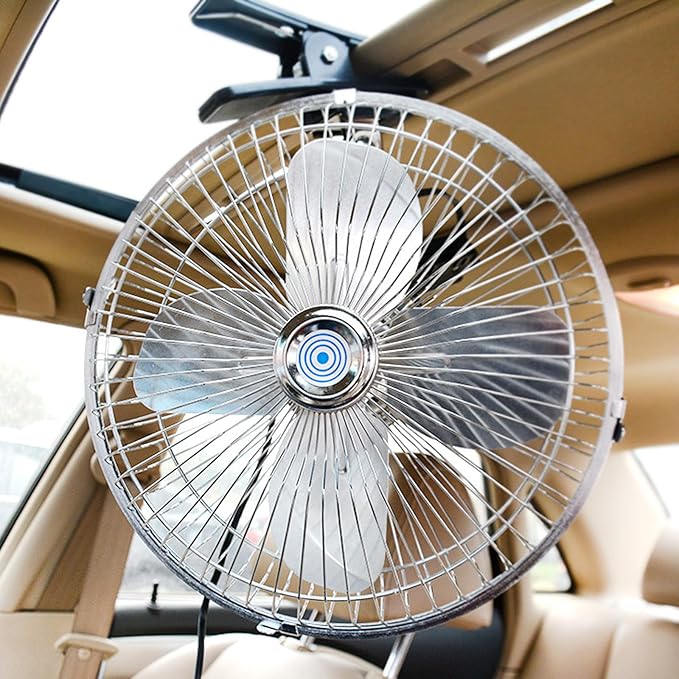 CYDZSW Car 12v Clip Fan,12 Volt DC 10 inch Large 360° Adjustment Metal Fans with Cigarette Lighter,90° Rotation Oscillating Clamp on Cooling Fan for Golf Cart RV and Vehicles (10inch)