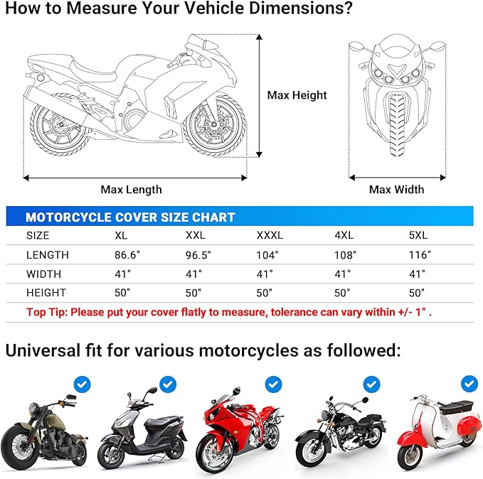 Favoto Motorcycle Cover Waterproof Outoor - Universal Heavy Duty Oxford Fabric Night Reflective with Lock-Hole Windproof Buckles Storage Bag Rain Dust Sun Protection Silver, 86.6 inch