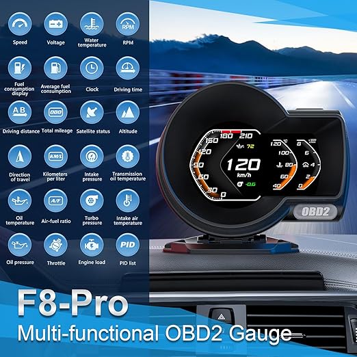 obd2 Gauges Display Car HUD Head Up Display F8 Plus,OBD+GPS Gauge, Digital Speedometer for Car with Water Temperature, Voltage, Fuel Consumption, RPM,obd2 Gauge Speedometer Suitable for All Car