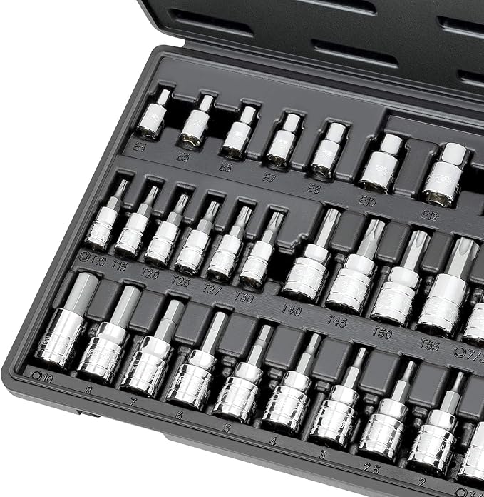 CARBYNE 36-Piece Hex (Allen) Torx Bit Socket and E-Torx Set, SAE and Metric, S2 Steel Bits, CrV Sockets, 1/4 in. 3/8 in. 1/2 in. Drive, Zinc Phosphate, Genuine Licensed Torx, Durable Case