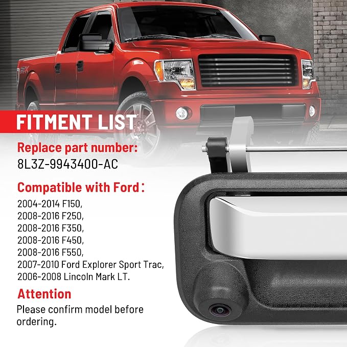 RED WOLF Chrome Tailgate Handle Reverse Backup Camera Fit for 2004-2016 Ford F150 F250 F350 F450 F550 Explorer Lincoln Car Rear View Camera Replace 8L3Z-9943400-AC RCA Connector Optional Guideline
