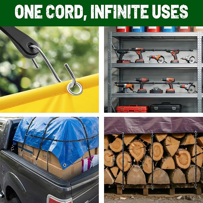 Adjustable Bungee Cords with Hooks (10 Pack) – 31" Heavy Duty EPDM Rubber Tarp Straps, 6-Way Adjustable Length, Max Stretch 2X, Load 180+ LBS, Crimped S Hooks for Cargo, Trucks, Camping