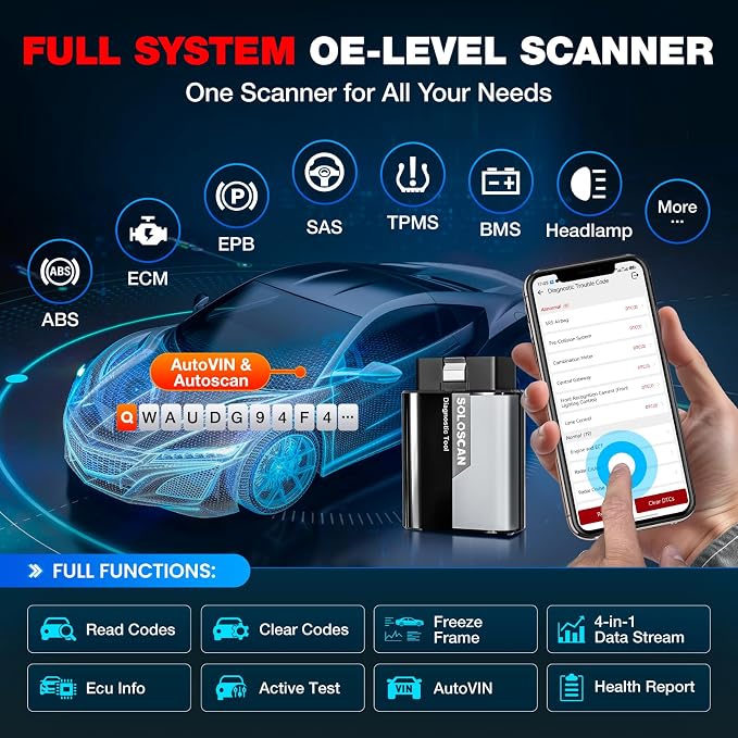 Kingbolen Soloscan for Honda Acura OBD2 Scanner Bluetooth, Bidirectional Test Full System Diagnostic Scan Tool for Android & iOS, All Reset Services, AutoVin, Lifetime No Subscriptions