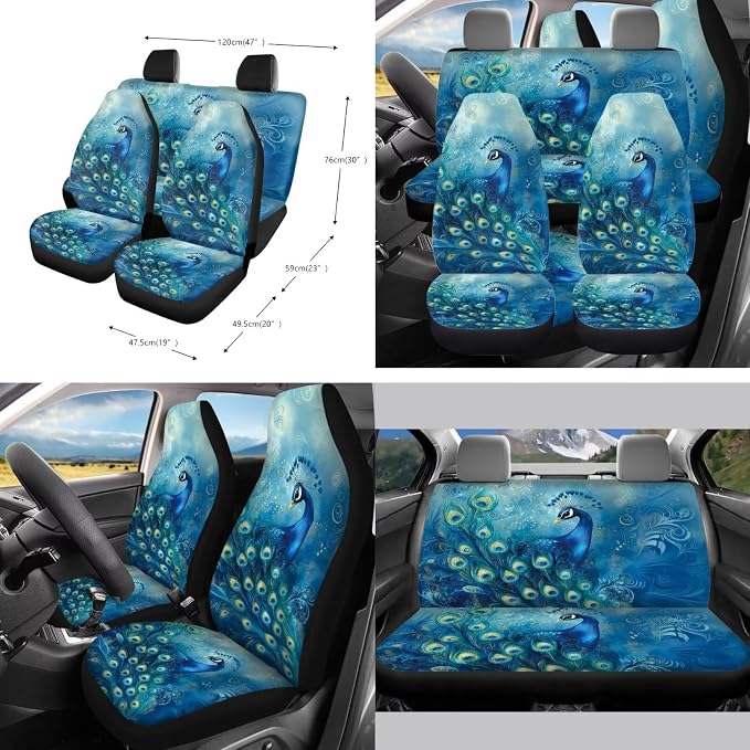 Peacock Floral Print 10 Pcs Car Seat Covers Full Sets, 1 Steering Wheel Cover, 4 Front Rear Seat Covers, 1 Vehicle Garbage Can, 1 Car Air Vent Storage Bag, 2 Cup Coasters, 1 Keychain