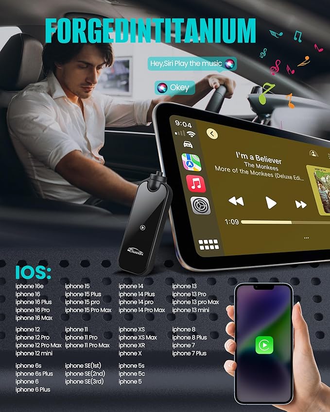 Wireless Carplay Adapter for Apple iPhone iOS 10+ & Cars from 2016+, Upgraded Model adds Emergency Escape Window Breaker Function, Auto-Connect Stable Control & No Latency (M9)