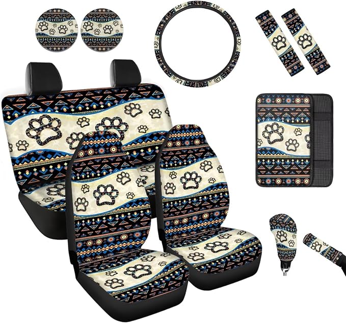 BIGCARJOB Southwest Tribal Paw Car Seat Covers Full Set,12 Pcs Cute Dog Paw Print Car Accessories Set with Auto Front Rear Seat Protector,Armrest Seat Box Cover Cushion,Cup Mats