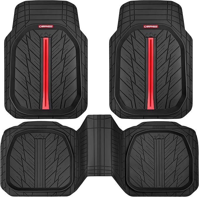 CAR PASS Tire Tread DeepDish Rubber Floor Mats for car Heavy Duty car mats All Weather, Universal XL~M Trim to Fit for Truck SUV Vehicle Automotive, Waterproof car mats 3 Piece (red Black)