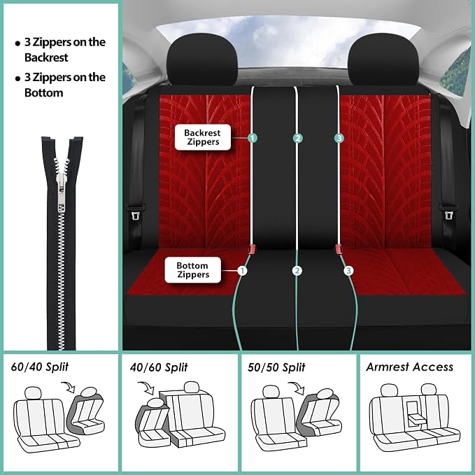 FH Group Three Row Set 7 Seater Red Travel Master Car Seat Covers, Airbag and Split Rear Car Seat Cover Universal Fit Interior Accessories for Cars Trucks & SUV Automotive Seat Covers