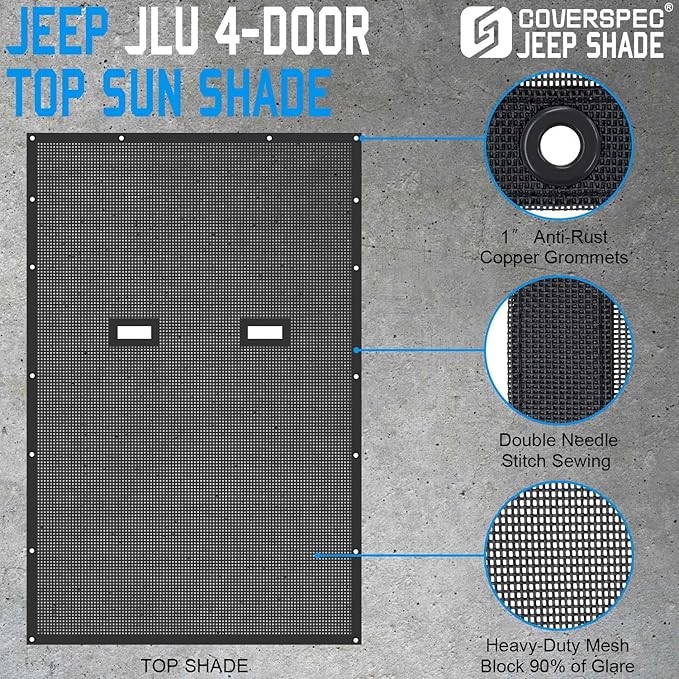 JL Top Sun Shade Roof Compatible with Jeep Wrangler 2 or 4 Door 2018 to 2023 Sunshade Sunroof Cover Blocks UV Wind Noise Black Mesh for Full Length