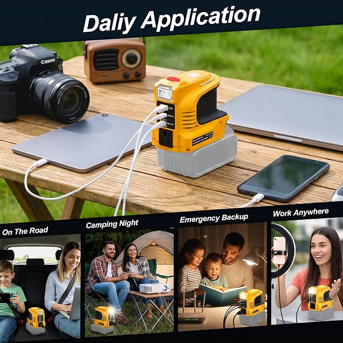 Real 220W Power Inverter Compatible with DeWalt 20V Battery, DC 20V to AC 110V-120V Portable Power Station with 1 AC Outlet, 1 USB & Type-C, 1 12V DC & 200LM LED (No Battery)