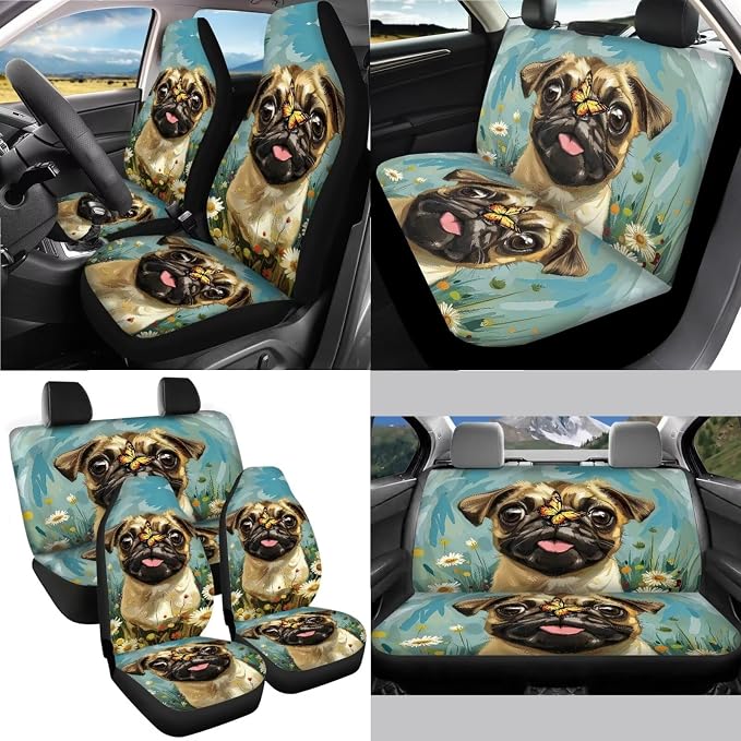 Pug Dog Butterfly Daisy Print Car Accessories Pack of 13, 4 Pieces Auto Front and Back Seat Covers + 4 Pieces Seat Belt Cover Pad + 1 Piece Steering Wheel Cover + 4 Pieces Cup Coasters