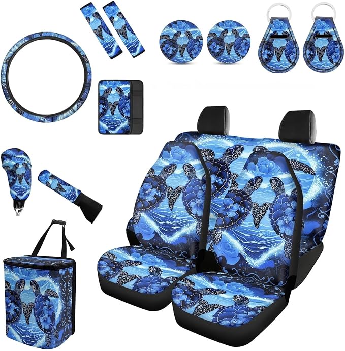 Forchrinse Blue Sea Turtle Car Seat Covers Full Set,15Pack Turtle Auto Accessories Set for Women Men Auto Seat Cover Steering Wheel Cover Seatbelt Pads Handbrake Gearshift Cover Garbage Can
