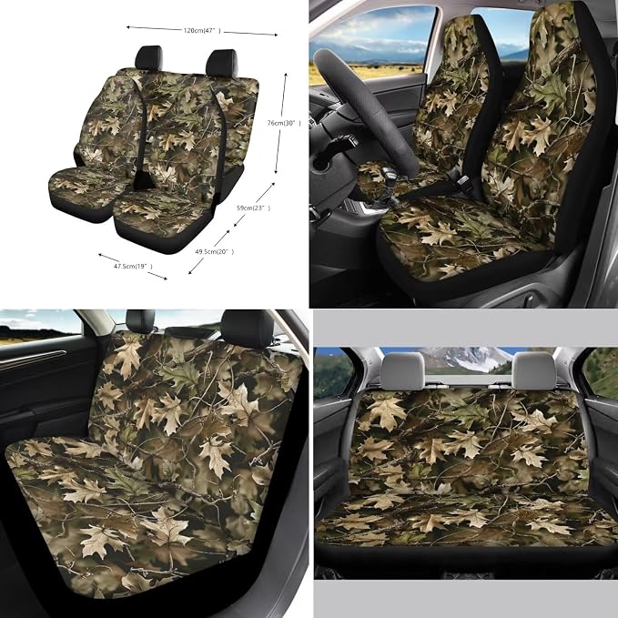 Xoenoiee Realistic Forest Camouflage Car Seat Cover Front & Rear Seat Cover with Steering Wheel Cover + Seat Belt Cover+ Cup Coasters+ Key Chains Universal Fit for Van Truck SUV