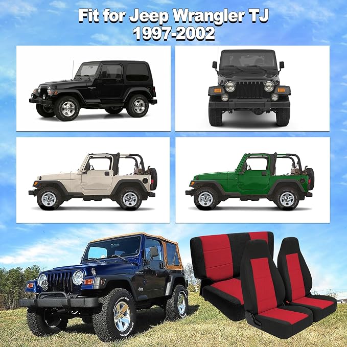 Custom Seat Covers for Jeep Wrangler TJ 1997 1998 1999 2000 2001 2002 Heavy Duty Cloth Protector Interior Accessories，Waterproof & Machine Washable, Foam Padded - Red（Front & Rear）