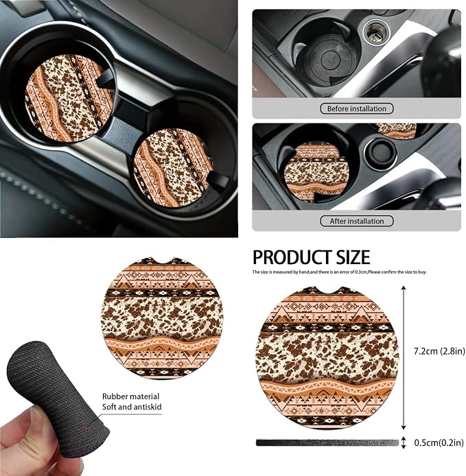 Aztec Tribal Geometric Cow Sunflower Print Full Set with Front Back Seats Steering Wheel Covers, Trash Can, Air Vent Bag, Auto Seat Belt Pads, Mirror Cover, Cup Holder Coaster for Women Men