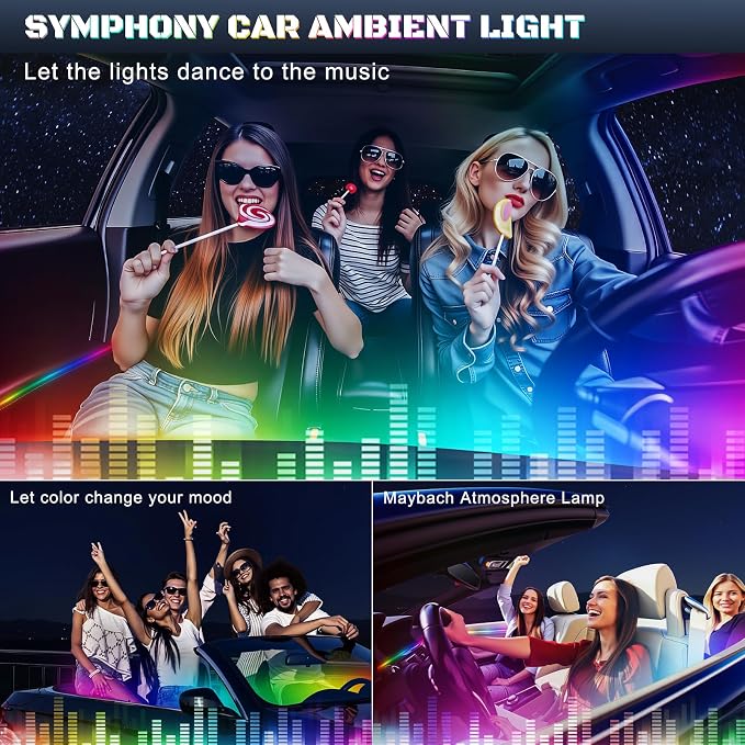 Dreamcolor Acrylic Interior Car LED Strip Light with USB/Type C/4-Port Cigarette Lighter, RGB 2 in 1 with 59.04 inches LEDs Ambient Lighting Kits, Sound Active Function Neon Led Strips for Car