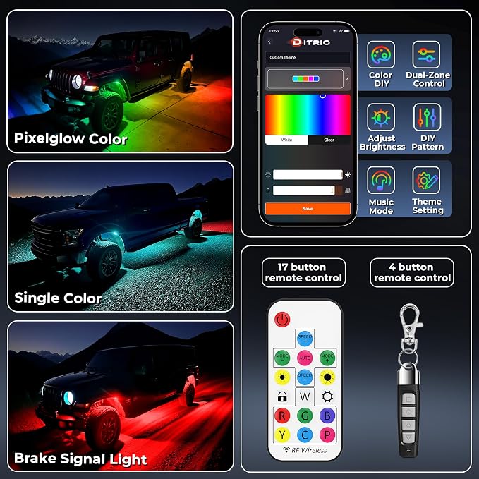 16 Pods 9 Sides RGB Rock Lights, App/2 Remote Control Led Underglow Lights Compatible with 12V Trucks Jeep UTV ATV Golf Cart, Brake Signal, Waterproof, Music Mode, Plug and Play, Multi-Color(Patented)
