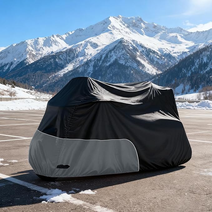 Motorcycle Cover Heavy Duty Waterproof, for Motorcycle with Side+Top Box, Compatible with Harley Davidson Ultra Ltd, Road Glide Ltd, Honda Goldwing, BMW, Indian Motorcycle Accessories, Black/Grey