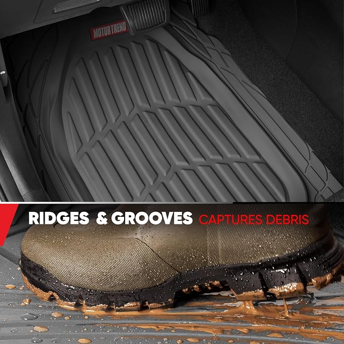 Motor Trend FlexTough 4-Piece Heavy Duty Floor Mats for Cars Trucks SUVs, Automotive Floor Mats Car Mats Full Set Front, Rear & Cargo, Trim-To-Fit Semi-Custom Deep Dish All Weather Rubber Mats - Gray