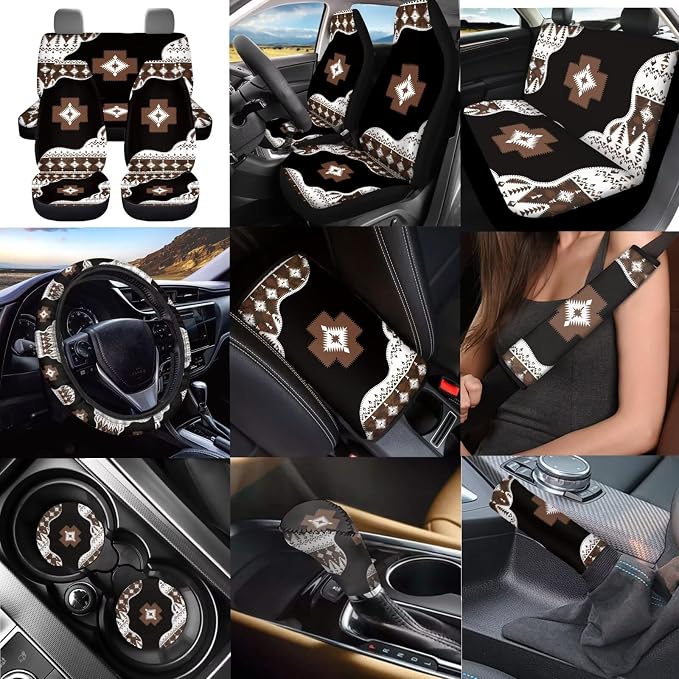 Dreaweet Native American Car Seat Covers Full Set 12 Pcs Aztec Tribal Geometric Car Steering Wheel Cover/Armrest Cover/Seatbelt Covers/Cup Coasters/Gear Shift Cover/Handbrake Cover,Universal Fit