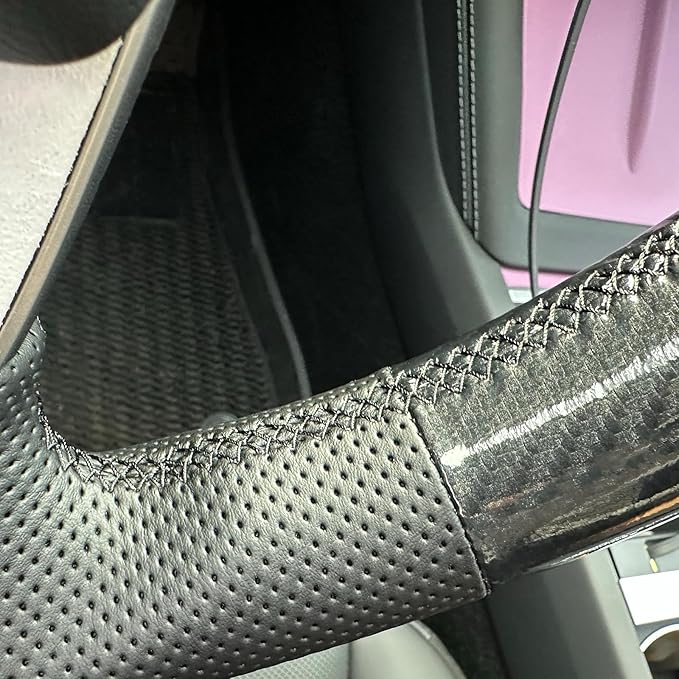 MEWANT Hand Stitch Steering Wheel Cover for Tesla Model 3 Highland Model Juniper Made of PU Carbon Fiber Faux Leather