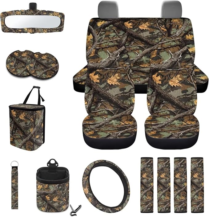Hunting Camo Pattern Auto Interior Set of 15, Full Set Seat Covers for Cars Steering Wheel Cover Seatbelt Cushion Air Outlet Storage Bag Trash Can Cup Coasters Keychain