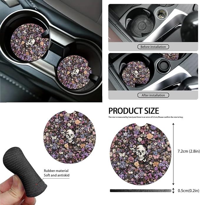 Skull Flower Butterfly Print Auto Interior Sets Full Car Front Rear Seat Covers Steering Wheel Cover Seat Belt Pad Coasters Trash Can Keychain Air Vent Storage Bag 15pcs Set
