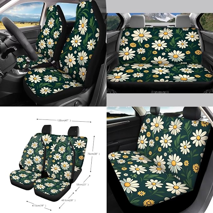 Daisy Print Car Seat Cover Sets for Women Full Set, Universal Front and Rear Split Bench Seat Cover with Steering Wheel Cover Safety Belt Pads Garbage Bag Car Air Vent Organizer