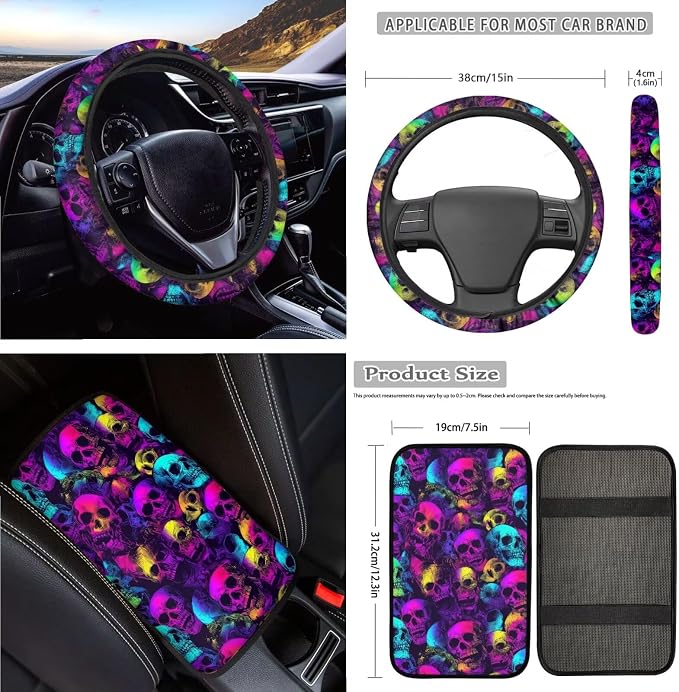Skull Print Car Seat Cover for Front and Back Seats with Headrest Covers Steering Wheel Cover Safety Belt Pads Armrest Cushion Gear Shift Lever and Handbrake Covers Keychain