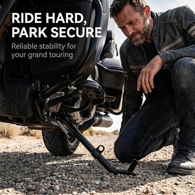 Extended Anti-Tip Kickstand with Rubber Bumper for Harley Touring 2007-2024, +1” Longer Heavy Duty Jiffy Stand for Road Glide Street Glide Road King Electra Glide CVO, Wide Base Gloss Black
