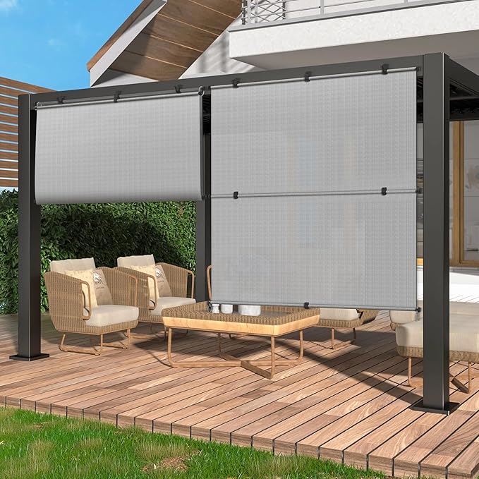 Coarbor Outdoor Roller Shades 6'W x 8'H Porch Sun Shades Outdoor Roll Up Blinds for Patio Porch Gazebo Balcony Backyard, Light Grey