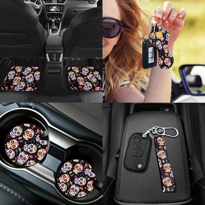 Skull Floral Car Seat Covers Full Set 17 Pack for Women Man Skull Print Car Accessories Set with Seat Belt Cover Pad,Steering Wheel Cover,Armrest Pad,Cup Coasters Car Floor Mats Set of 4