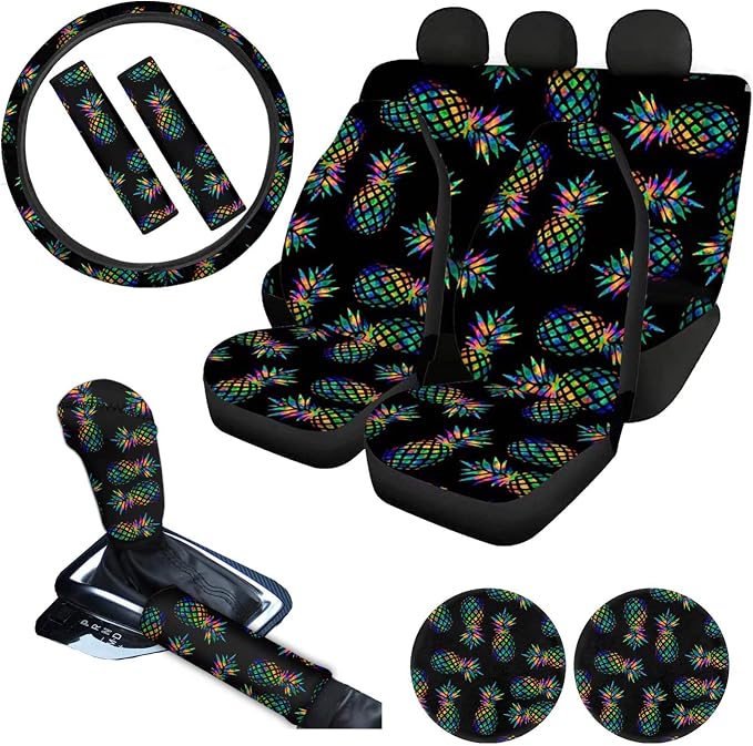 AFPANQZ Stylish Pineapples Car Seat Covers Full Set with Steering Wheel Cover/Gear Shift Knob Cover/Car Handbrake Cover/Seat Belt Shoulder Pads/Cup Holder Universal 11 Piece Gift Black Green