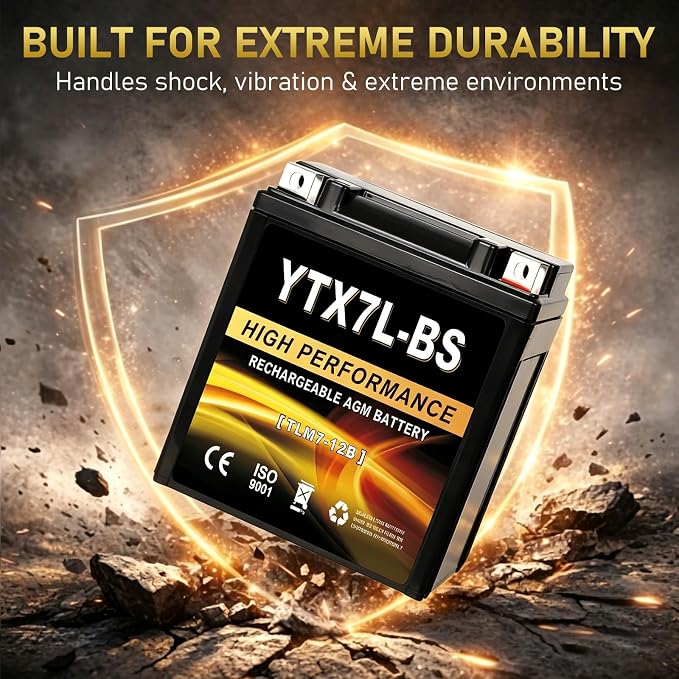 YTX7L-BS 12V 7Ah AGM Sealed Motorcycle Battery, Maintenance-Free, Compatible with Honda Kawasaki Suzuki Yamaha 4 Wheeler ATV Scooter
