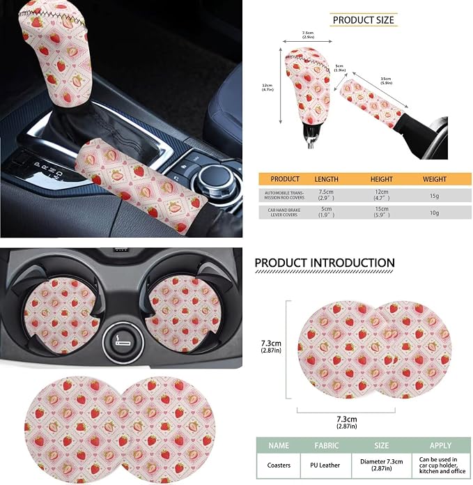 Strawberry Print 18Pcs Car Seat Cover Full Set for Women Cute Front and Back Car Seat Covers with Headrest Covers Steering Wheel Cover Seatbelt Pads Center Console Pad Cup Coasters