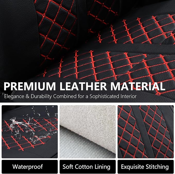 Truckiipa Tacoma Truck Seat Covers Full Set Leather Waterproof Seat Covers Fit for 2005-2015 Toyota Tacoma Double Crew Cab, Full Set, Black&Red