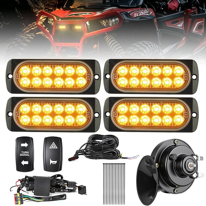 UTV Turn Signal Kit with 110dB Horn, Dual Row 12 LED Beads, Pre-Wired Plug and Play Rocker Switch, Universal Street Legal Blinker Kit Compatible with Polaris Can-Am Teryx CFMOTO