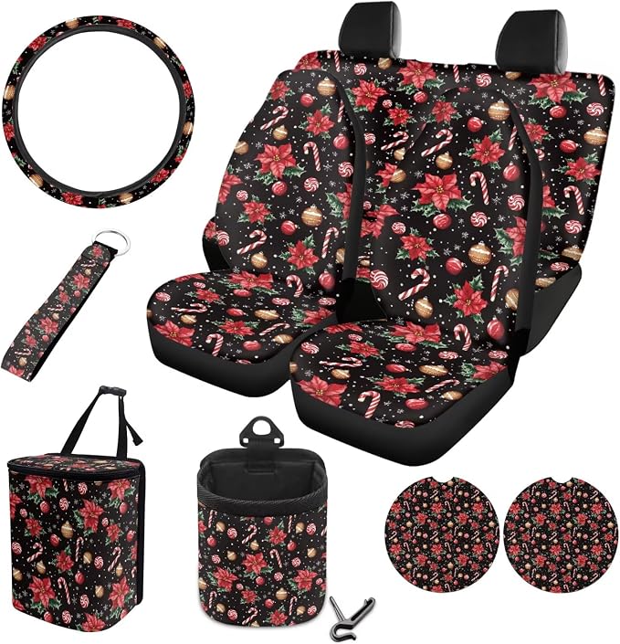 Poinsettia Flower Candy Cane Print Car Seat Covers Set of 10 Elastic Front Rear Seat Covers, Vehicle Trash Bin, Steering Wheel Cover, Air Vent Pouch, Coasters, Keychain Christmas Decor