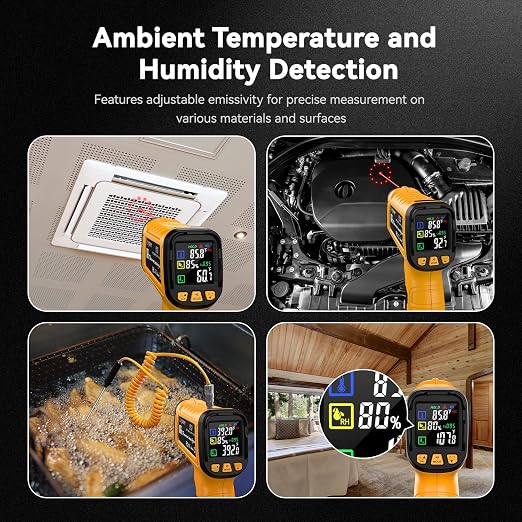 Infrared Thermometer Gun, Dual Mode, 50:1 D/S | -58°F-1796°F Surface Reading,-4°F to 932°F K-Type Probe, 13-Point Laser Accuracy, Humidity Monitoring, For HVAC & Pizza Ovens
