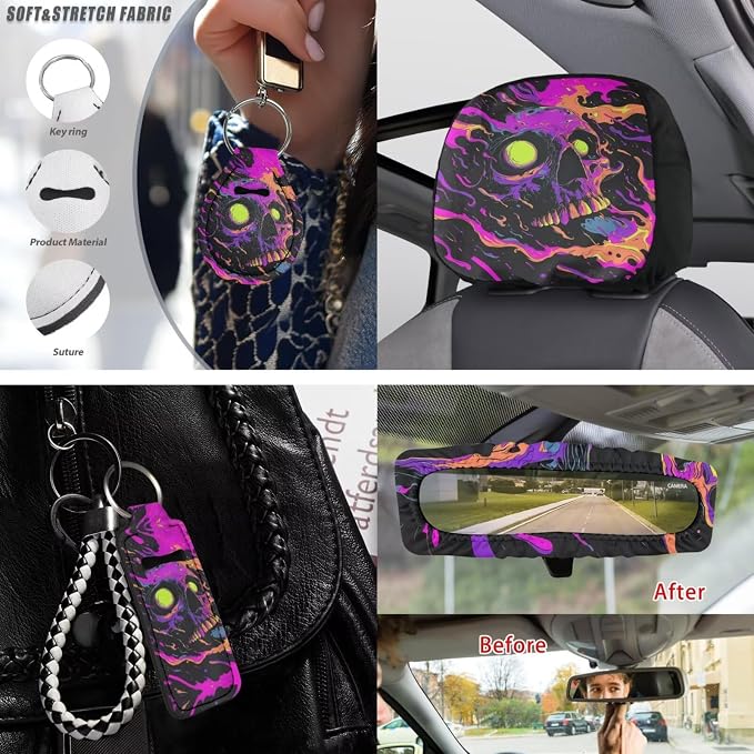 Skull Print 15Pcs Automotive Seat Covers Full Set Universal Car Front Rear Seat Covers with Decorative Steering Wheel Cover Center Console Pad Safety Belt Pads Headrest Protectors