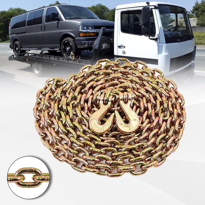 Heavy Duty G80 Transport Binder Chain 3/8'' Inch x 20 Feet,Tow Chain with G70 Clevis Grab Hooks,7100 lbs Safe Working Load Logging Chain for Transporting, Towing(3/8'' x 20FT Yellow).