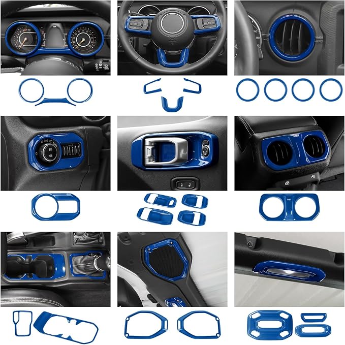 23pcs Full Set Interior Trim Kit for Jeep Wrangler JL JLU Gladiator JT 2018-2023 Steering Wheel Door Handle Air Conditioning Vent Cup Holder Reading Light Headlight Gear Cover, Blue