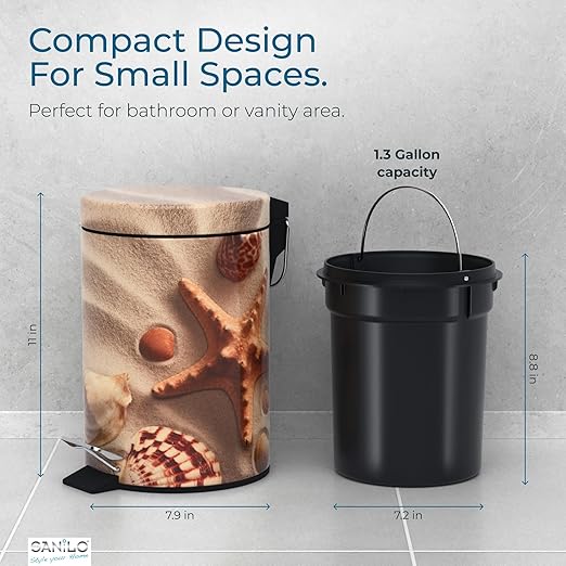 Sanilo Small Bathroom Trash Can with Lid [1.3 Gallon] - Lidded Tiny Trashcan for Garbage - Mini Metal Bin with Soft Closing Mechanism - Bath Room Accessoire Wastebin with Inner Bucket (Sanibel)