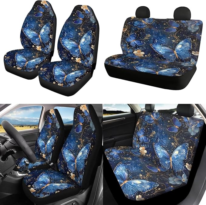 POLERO Butterfly Car Seat Cover Set for Women Floral Steering Wheel Cover Aesthetic Interior Accessories Full Set of 11pcs