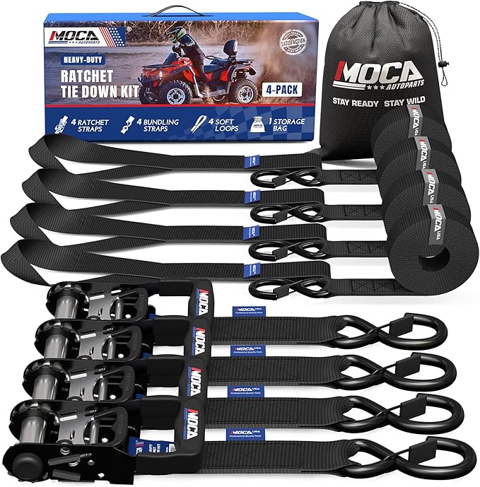 MOCA 15ft Heavy Duty Ratchet Tie Down Straps 1.6" x 15' (5,200 Lbs Breaking Strength), Tie Down Straps with Coated Chromoly S Hooks for Trucks, Cargo, Motorcycle, Cargo & More, Carry Bag, Black